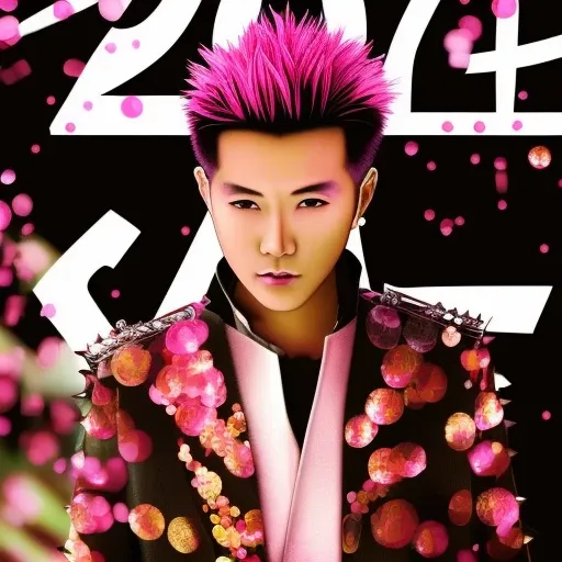 digital illustration, ,trading card, tarot card, 1boy, male focus,  Hideto Mastumoto, hide from X-japan, X-japan, Visual Kei, Rock Star, japanese rock star, the pink spider, bokeh, pink black and blonde hair,brown_eyes,, film_grain, focused, jacket, looking_at_viewer, spiked_hair, stadium, unconventional_media, white_background,  eyeliner,PINK HAIR,   solo, looking_at_viewer, ring light, rim lighting, wlop, guweiz, artgerm, duskspider