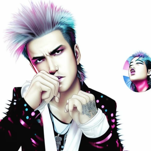 digital illustration, ,trading card, tarot card, 1boy, male focus,  Hideto Mastumoto, hide from X-japan, X-japan, Visual Kei, Rock Star, japanese rock star, the pink spider, bokeh, pink black and blonde hair,brown_eyes,, film_grain, focused, jacket, looking_at_viewer, spiked_hair, stadium, unconventional_media, white_background,  eyeliner,PINK HAIR,   solo, looking_at_viewer, ring light, rim lighting, wlop, guweiz, artgerm, duskspider