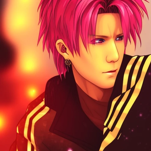 digital illustration, ,trading card, tarot card, 1boy, male focus,  Hideto Mastumoto, hide from X-japan, X-japan, Visual Kei, Rock Star, japanese rock star, the pink spider, bokeh, pink black and blonde hair,brown_eyes,, film_grain, focused, jacket, looking_at_viewer, spiked_hair, stadium, unconventional_media, white_background,  eyeliner,PINK HAIR,   solo, looking_at_viewer, ring light, rim lighting, wlop, guweiz, artgerm, duskspider