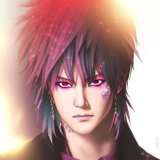 digital illustration, ,trading card, tarot card, 1boy, male focus,  Hideto Mastumoto, hide from X-japan, X-japan, Visual Kei, Rock Star, japanese rock star, the pink spider, bokeh, pink black and blonde hair,brown_eyes,, film_grain, focused, jacket, looking_at_viewer, spiked_hair, stadium, unconventional_media, white_background,  eyeliner,PINK HAIR,   solo, looking_at_viewer, ring light, rim lighting, wlop, guweiz, artgerm, duskspider