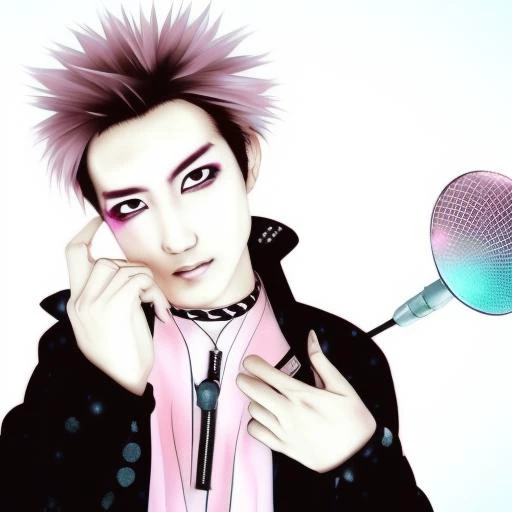 digital illustration, ,trading card, tarot card, 1boy, male focus,  Hideto Mastumoto, hide from X-japan, X-japan, Visual Kei, Rock Star, japanese rock star, the pink spider, bokeh, pink black and blonde hair,brown_eyes,, film_grain, focused, jacket, looking_at_viewer, spiked_hair, stadium, unconventional_media, white_background,  eyeliner,PINK HAIR,   solo, looking_at_viewer, ring light, rim lighting, wlop, guweiz, artgerm, duskspider