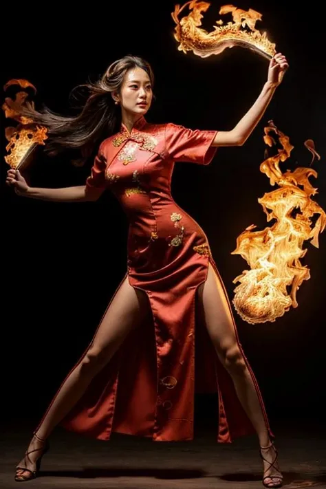 (best quality, masterpiece, 8k,uhd, photorealistic), (fullbody:1.3), (8K:1.1), RAW photo, (cinematic light, science fiction, film grain, extremely detailed body and face, brown eyes, photo-realistic:1.4), cinema shot, (25 years old gorgeous beautiful koreangirl), detailed face lighting,bright backlight,small breasts,super high resolution,best quality,Photos,4k,(Realistic:1.2),1 girl,sexy,cosplay,standing,legs apart,hand on hip,confident,looking to the side,expressive eyes,long flowing hair,(red qipao dress with high slit:1.3),revealing neckline, (matching classy thighhighs:1.3, high heels), slender waist,long legs,high heels,fingerless gloves,fan accessory,yuhuoshu,fiery background,flames, controling fire magic, fiery fists, fire swirling around body, (dynamic kung fu pose:1.3), human body ratio, detailed background, skinny arms, slim arms, long arms, korea street background:1.6, <lora:add_detail:0.6>,, <lora:koreangirl:0.6> ,<lora:yuhuoshu:0.2>