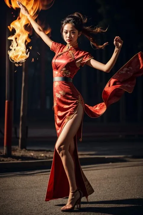 (best qualith, masterpiece, 8k,uhd, photorealistic), (fullbody:1.3), (8K:1.1), RAW photo, (cinematic light, science fiction, film grain, extremely detailed body and face, brown eyes, photo-realistic:1.4), cinema shot, (25 years old gorgeous beautiful koreangirl), detailed face lighting,bright backlight,small breasts,super high resolution,best quality,Photos,4k,(Realistic:1.2),1 girl,sexy,cosplay,standing,legs apart,hand on hip,confident,looking to the side,expressive eyes,long flowing hair,(red qipao dress with high slit),revealing neckline, (matching classy thighhighs:1.3, high heels), slender waist,long legs,high heels,fingerless gloves,fan accessory,yuhuoshu,fiery background,flames,controling fire magic, dynamic pose, human body ratio, detailed background, skinny arms, slim arms, long arms, korea street background:1.6,
<lora:Detail Slider V2 By Stable :0.4>