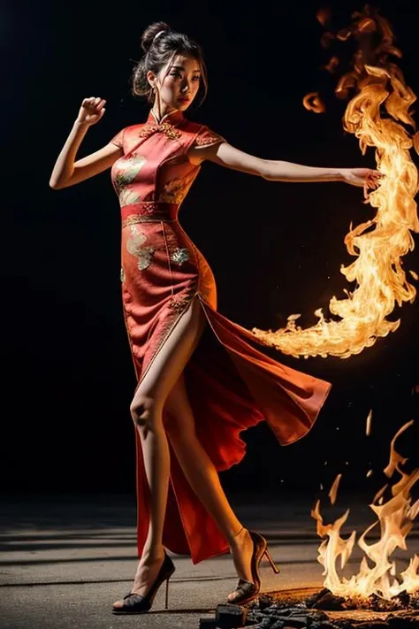 (best quality, masterpiece, 8k,uhd, photorealistic), (fullbody:1.3), (8K:1.1), RAW photo, (cinematic light, science fiction, film grain, extremely detailed body and face, brown eyes, photo-realistic:1.4), cinema shot,  (25 years old gorgeous beautiful koreangirl), detailed face lighting,bright backlight,small breasts,super high resolution,best quality,Photos,4k,(Realistic:1.2),1 girl,sexy,cosplay,standing,legs apart,hand on hip,confident,looking to the side,expressive eyes,long flowing hair,(red qipao dress with high slit:1.3),revealing neckline, (matching classy thighhighs:1.3, high heels), slender waist,long legs,high heels,fingerless gloves,fan accessory,yuhuoshu,fiery background,flames, controling fire magic, fiery fists, pheonix in background, (dynamic kung fu pose:1.2), human body ratio, detailed background, skinny arms, slim arms, long arms, korea street background:1.6, <lora:add_detail:0.6>,, <lora:koreangirl:0.6> ,<lora:yuhuoshu:0.2>