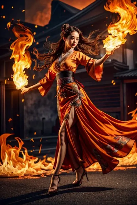 (best qualith, masterpiece, 8k,uhd, photorealistic), (fullbody:1.3), (8K:1.1), RAW photo, (cinematic light, science fiction, film grain, extremely detailed body and face, brown eyes, photo-realistic:1.4), cinema shot, (25 years old gorgeous beautiful koreangirl), detailed face lighting,bright backlight,small breasts,super high resolution,best quality,Photos,4k,(Realistic:1.2),1 girl,sexy,cosplay,standing,legs apart,hand on hip,confident,looking to the side,expressive eyes,long flowing hair,(red qipao dress with high slit),revealing neckline, (matching classy thighhighs:1.3, high heels), slender waist,long legs,high heels,fingerless gloves,fan accessory,yuhuoshu,fiery background,flames,controling fire magic, dynamic pose, human body ratio, detailed background, skinny arms, slim arms, long arms, korea street background:1.6, <lora:add_detail:0.6>,, <lora:koreangirl:0.6> <lora:yuhuoshu:0.6>