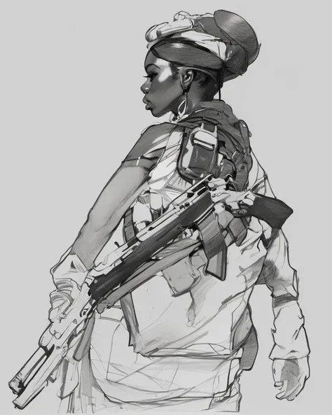 drawing of black female soldier, (perspective lines :1.1), high quality, action pose, clear focus, medium body shot
<lora:jhs_lora_charcoal style-000001:.69>