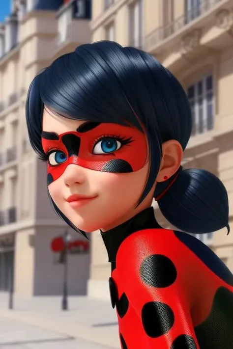 <lora:ladybug:0.7>, 1 girl, (full body), Masterpiece, Ladybug, absurdres, fine detail, HDR, highly detailed costume, beautiful face, ((very dark blue hair)), light blue eyes, ladybug mask, ladybug red costume, white background, Realistic Paris street place