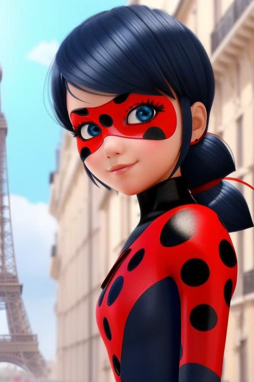 <lora:ladybug:0.7>, 1 girl, (full body:1.3), Masterpiece, Ladybug, absurdres, fine detail, HDR, highly detailed costume, beautiful face, ((very dark blue hair)), light blue eyes, ladybug mask, ladybug red costume:0.7, white background, Realistic Paris street, cute face,
