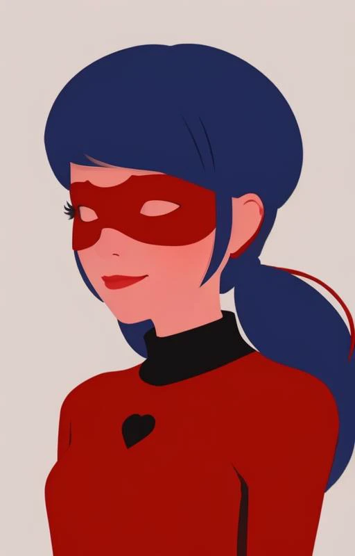 a young lady, red costume, red mask, dark blue hair, <lora:ladybug:0.65>, white backgroung, <lora:anime_minimalist_v1-000020:0.95>