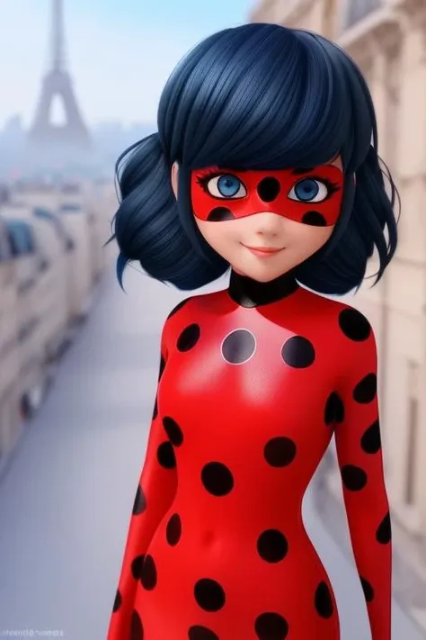 <lora:ladybug:0.7>, 1 girl, (full body), Masterpiece, Ladybug, absurdres, fine detail, HDR, highly detailed costume, beautiful face, ((very dark blue hair)), light blue eyes, ladybug mask, ladybug red costume, white background, Realistic Paris street, cute face, ((blush))