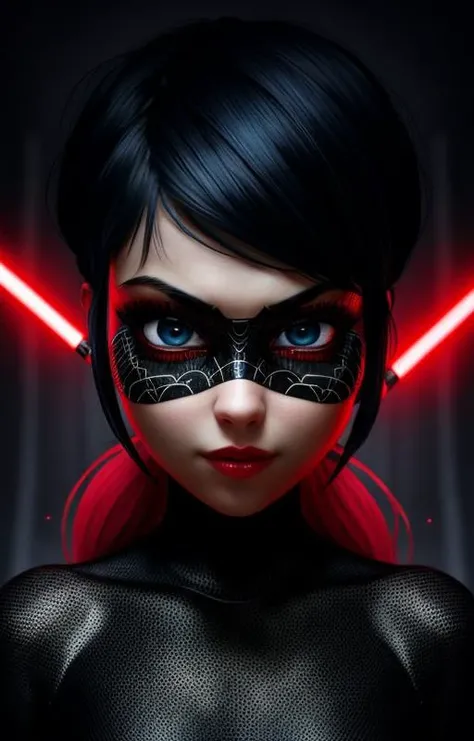 ultra wide angle, in focus, dark epic background, gorgeous lifelike, dynamic pose, a young lady, <lora:ladybug:0.65>, (highly detailed face and eyes:1.3), arrogant expression, holding red lightsaber in his hand, medium shot, hyper details, lighting art, cinematic, insane details, intricate details, hyperdetailed, goth, fractal, dark shot