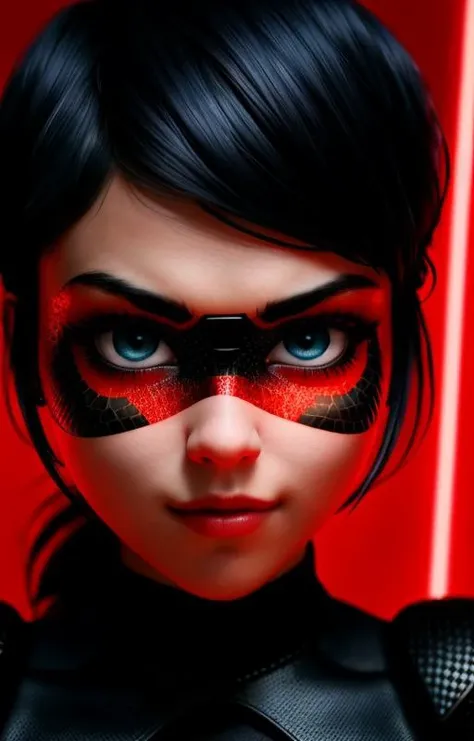 ultra wide angle, in focus, dark epic background, gorgeous lifelike, dynamic pose, a young lady, <lora:ladybug:0.65>, (highly detailed face and eyes:1.3), arrogant expression, holding red lightsaber in his hand, medium shot, hyper details, lighting art, cinematic, insane details, intricate details, hyperdetailed, goth, fractal, dark shot