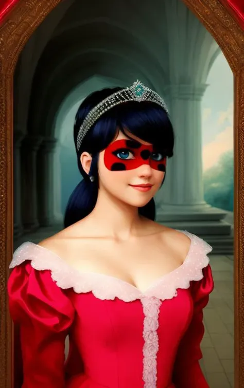 a princess, <lora:ladybug:0.8>, red dress, wooden picture frame, detailed eyes, high quality