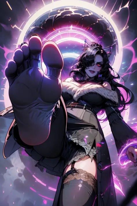 masterpiece, best quality, absurdres, perfect anatomy, 1girl, solo,
<lora:LuluV3:.9> ulblackholetech, excessive energy, scifi, LuluX red eyes, hair over one eye, furrowed brow, smile, strapless dress, multiple belts, fur trim, off-shoulder dress, thighhighs, magic, <lora:UltraBlackholeTech:1>, barefoot, footstomp, soles, toes, foreshortening, view from below, <lora:POVFootStomp:1.4> <lora:BetterFeet:1>