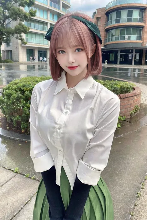(8k, best quality, masterpiece:1.2), (realistic, photo-realistic:1.37), ultra-detailed, (1girl:1.6),cute,beautiful detailed sky,(outdoors:1.4), standing,dating,(nose blush),(smile:1.15),(closed mouth:1.2), breasts,beautiful detailed eyes,(full body:1.1), wet,rain,white lace, (short hair:1.2),floating hair NovaFrogStyle, facing viewer, looking at viewer, <lora:koreanDollLikeness_v15:0.33>, <lora:japaneseDollLikeness_v10:0.33>,<lora:nakanoNinoInThe_v10:0.7>, pleated_skirt, shirt,green_skirt