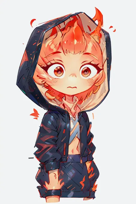 (best quality, masterpiece, detailed face, beautiful detailed eyes), <lora:EmberElementalV2:1>, Ember, girl made of fire, 1 girl, (solo),((wearing black hoodie, hood on head )), White background