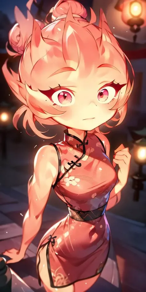 (best quality, masterpiece, detailed face, beautiful detailed eyes), <lora:EmberElementalV2:0.9>, Ember, girl made of  fire, 1girl, (solo),narrow waist, long eyelashes, detailed face, detailed eyes, standing, fullbody, hair bun, wearing a pink chinese dress, in a chinese vilage, night time,