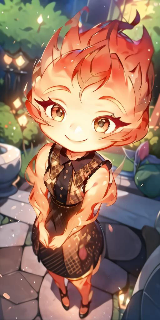 (best quality, masterpiece, detailed face, beautiful detailed eyes), <lora:EmberElementalV2:0.9>, Ember, girl made of fire, 1girl, solo, standing, ((fullbody)), smiling, detailed background, garden,