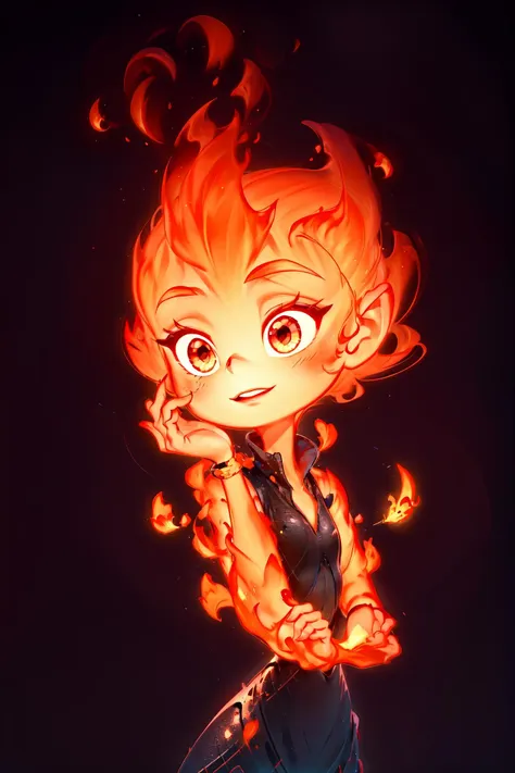 <lora:Addams:0.7> ember, cartoon, girl made of fire, upper body, 1 girl, solo focus, cute, cute pose, v, simple background, black background,