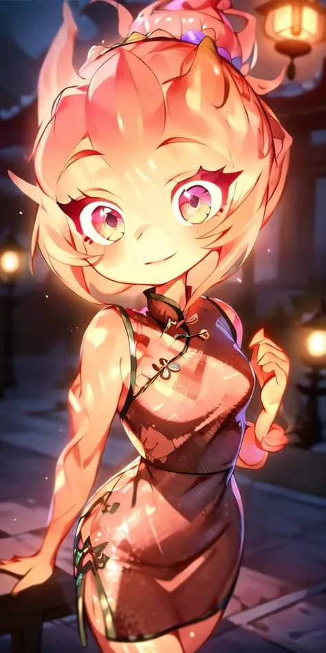 (best quality, masterpiece, detailed face, beautiful detailed eyes), <lora:EmberElementalV2:1>, Ember, girl made of fire, 1girl, (solo),narrow waist, long eyelashes, detailed face, detailed eyes, standing, fullbody, hair bun, wearing a pink chinese dress, in a chinese vilage, night time,