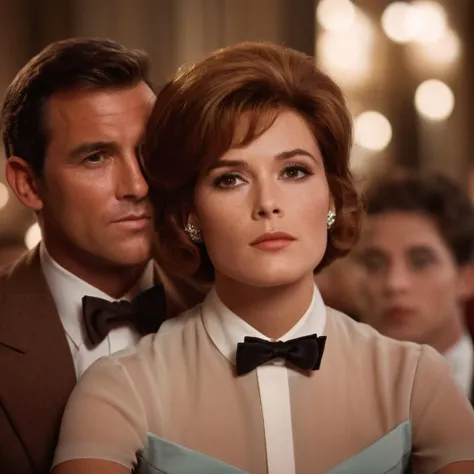 cinematic film still of <lora:James Bond 007 style:0.9> detailed sharp image of
Tiffany Case Jill St. John a woman with a bow tie sitting next to a man,1girl,short hair,multiple girls,brown hair,brown eyes,solo focus,blurry,lips,blurry background,freckles,curly hair,realistic , dramatic light, dramatic shadow light, contrast, cinematic color, cinematic look, filmic, realistic, realism, perfection, perfect, Kodak, Kodak film, movie still, spy film, action themed, espionage, James Bond style, James Bond film style, 007 style, 007 film style, shallow depth of field, vignette, highly detailed, high budget, bokeh, cinemascope, moody, epic, gorgeous, film grain, grainy