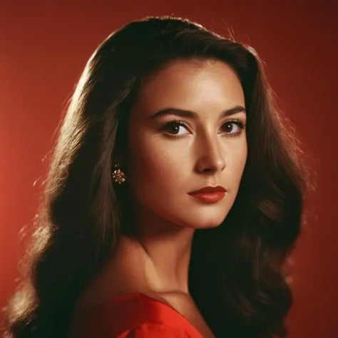 analog film photo of  <lora:James Bond 007 style:0.9> detailed sharp image of
Simone Solitaire Latrelle Jane Seymour a woman with long hair and a red background,1girl,solo,long hair,looking at viewer,black hair,brown eyes,flower,lips,portrait,freckles,realistic , dramatic light, dramatic shadow light, contrast, cinematic color, cinematic look, filmic, realistic, realism, perfection, perfect, Kodak, Kodak film, movie still, spy film, action themed, espionage, James Bond style, James Bond film style, 007 style, 007 film style, faded film, desaturated, 35mm photo, grainy, vignette, vintage, Kodachrome, Lomography, stained, highly detailed, found footage