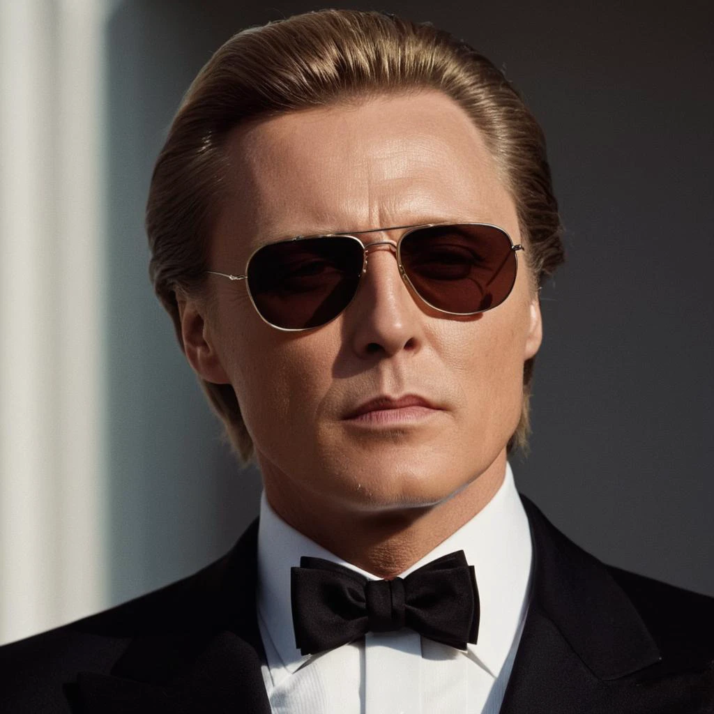 cinematic film still of <lora:James Bond 007 style:0.9> detailed sharp image of
Max Zorin Christopher Walken a man in a tuxedo and sunglasses,solo,blonde hair,shirt,1boy,bow,closed mouth,jacket,white shirt,male focus,collared shirt,bowtie,black bow,formal,sunglasses,suit,portrait,black bowtie,realistic,traditional bowtie , dramatic light, dramatic shadow light, contrast, cinematic color, cinematic look, filmic, realistic, realism, perfection, perfect, Kodak, Kodak film, movie still, spy film, action themed, espionage, James Bond style, James Bond film style, 007 style, 007 film style, shallow depth of field, vignette, highly detailed, high budget, bokeh, cinemascope, moody, epic, gorgeous, film grain, grainy