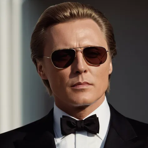 cinematic film still of  <lora:James Bond 007 style:0.9> detailed sharp image of
Max Zorin Christopher Walken a man in a tuxedo and sunglasses,solo,blonde hair,shirt,1boy,bow,closed mouth,jacket,white shirt,male focus,collared shirt,bowtie,black bow,formal,sunglasses,suit,portrait,black bowtie,realistic,traditional bowtie , dramatic light, dramatic shadow light, contrast, cinematic color, cinematic look, filmic, realistic, realism, perfection, perfect, Kodak, Kodak film, movie still, spy film, action themed, espionage, James Bond style, James Bond film style, 007 style, 007 film style, shallow depth of field, vignette, highly detailed, high budget, bokeh, cinemascope, moody, epic, gorgeous, film grain, grainy