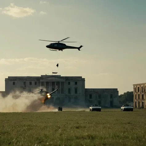 cinematic film still of <lora:James Bond 007 style:0.9> detailed sharp image of
a helicopter flying over a field with a building in the background,weapon,outdoors,multiple boys,sky,cloud,signature,military,fire,ground vehicle,scenery,motor vehicle,smoke,aircraft,military vehicle,war , dramatic light, dramatic shadow light, contrast, cinematic color, cinematic look, filmic, realistic, realism, perfection, perfect, Kodak, Kodak film, still, spy film, action themed, espionage, James Bond style, James Bond film style, 007 style, 007 film style, shallow depth of field, vignette, highly detailed, high budget, bokeh, cinemascope, moody, epic, gorgeous, film grain, grainy