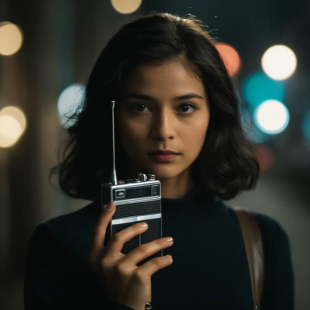 cinematic film still of <lora:James Bond 007 style:0.9> detailed sharp image of
a person holding a small radio in their hand,Gadgets,1girl,black hair,holding,blurry,blurry background,phone,cellphone,smartphone,holding phone , dramatic light, dramatic shadow light, contrast, cinematic color, cinematic look, filmic, realistic, realism, perfection, perfect, Kodak, Kodak film, movie still, spy film, action themed, espionage, James Bond style, James Bond film style, 007 style, 007 film style, shallow depth of field, vignette, highly detailed, high budget, bokeh, cinemascope, moody, epic, gorgeous, film grain, grainy