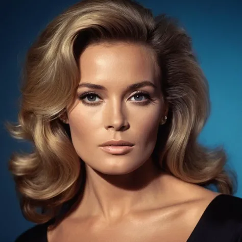 cinematic film still of  <lora:James Bond 007 style:0.9> detailed sharp image of
Honey Ryder Ursula Andress a woman with a black top and blonde hair,1girl,solo,long hair,looking at viewer,blonde hair,simple background,brown hair,brown eyes,lips,blue background,portrait,realistic,nose , dramatic light, dramatic shadow light, contrast, cinematic color, cinematic look, filmic, realistic, realism, perfection, perfect, Kodak, Kodak film, movie still, spy film, action themed, espionage, James Bond style, James Bond film style, 007 style, 007 film style, shallow depth of field, vignette, highly detailed, high budget, bokeh, cinemascope, moody, epic, gorgeous, film grain, grainy