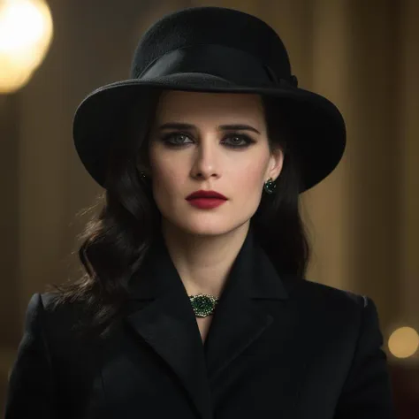 cinematic film still of  <lora:James Bond 007 style:0.9> detailed sharp image of
Vesper Lynd Eva Green a woman wearing a black hat and a black jacket,1girl,solo,black hair,hat,jewelry,upper body,necklace,bag,blurry,black eyes,lips,black headwear,blurry background,realistic , dramatic light, dramatic shadow light, contrast, cinematic color, cinematic look, filmic, realistic, realism, perfection, perfect, Kodak, Kodak film, movie still, spy film, action themed, espionage, James Bond style, James Bond film style, 007 style, 007 film style, shallow depth of field, vignette, highly detailed, high budget, bokeh, cinemascope, moody, epic, gorgeous, film grain, grainy