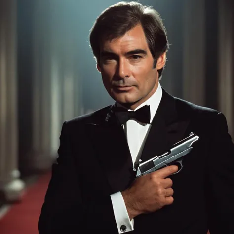 cinematic film still of  <lora:James Bond 007 style:0.9> detailed sharp image of
Timothy Dalton jamesbond6 a man in a tuxedo holding a gun,solo,1boy,bow,weapon,male focus,bowtie,gun,facial hair,parody,formal,suit,backlighting,realistic , dramatic light, dramatic shadow light, contrast, cinematic color, cinematic look, filmic, realistic, realism, perfection, perfect, Kodak, Kodak film, movie still, spy film, action themed, espionage, James Bond style, James Bond film style, 007 style, 007 film style, shallow depth of field, vignette, highly detailed, high budget, bokeh, cinemascope, moody, epic, gorgeous, film grain, grainy