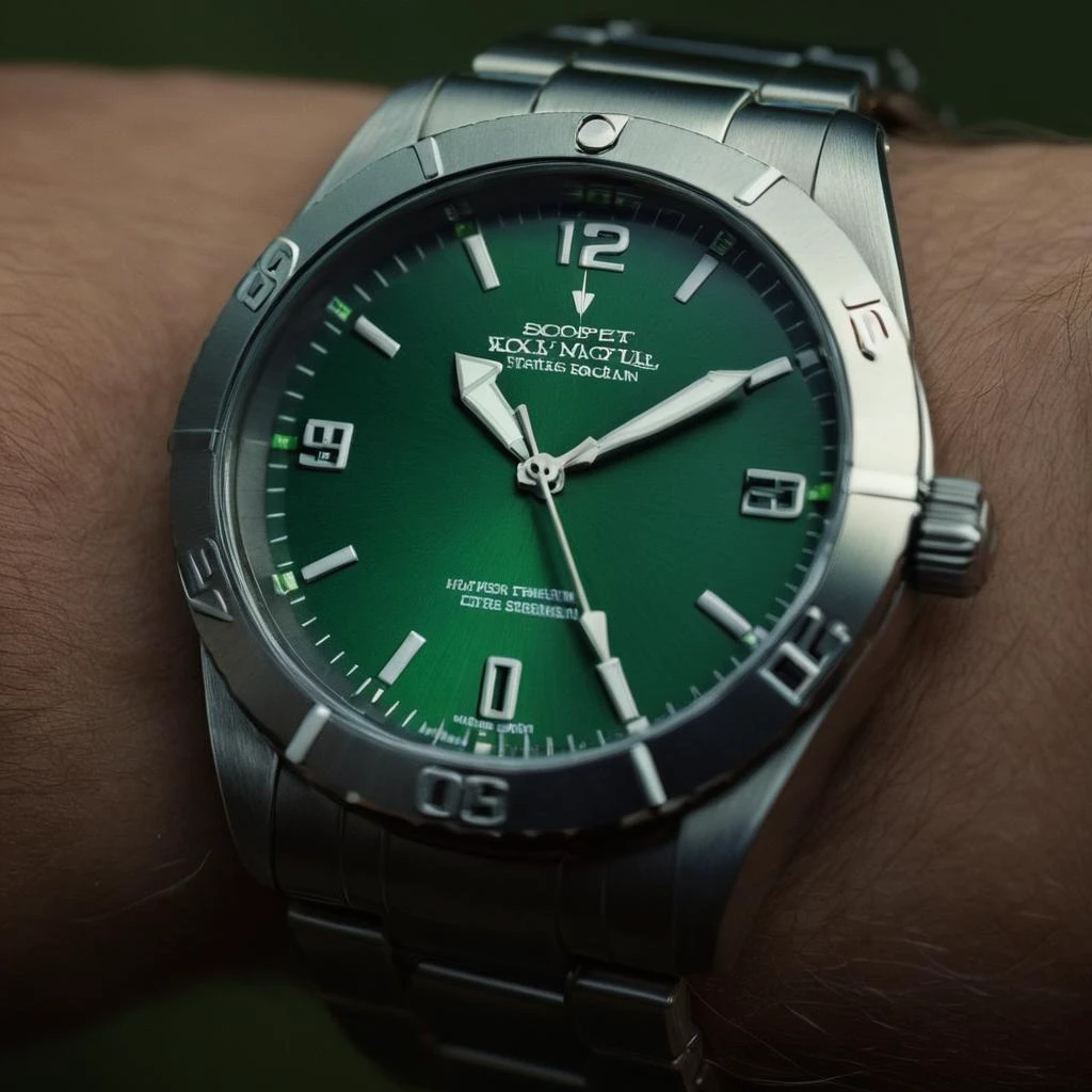 cinematic film still of <lora:James Bond 007 style:0.9> detailed sharp image of
a military grade watch with a green face and a black band,Gadgets,english text,no humans,letterboxed , dramatic light, dramatic shadow light, contrast, cinematic color, cinematic look, filmic, realistic, realism, perfection, perfect, Kodak, Kodak film, movie still, spy film, action themed, espionage, James Bond style, James Bond film style, 007 style, 007 film style, shallow depth of field, vignette, highly detailed, high budget, bokeh, cinemascope, moody, epic, gorgeous, film grain, grainy