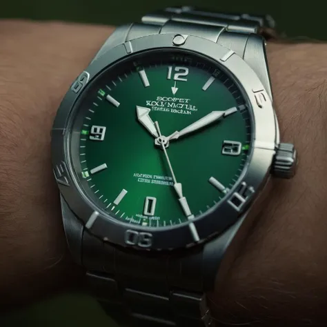 cinematic film still of  <lora:James Bond 007 style:0.9> detailed sharp image of
a military grade watch with a green face and a black band,Gadgets,english text,no humans,letterboxed , dramatic light, dramatic shadow light, contrast, cinematic color, cinematic look, filmic, realistic, realism, perfection, perfect, Kodak, Kodak film, movie still, spy film, action themed, espionage, James Bond style, James Bond film style, 007 style, 007 film style, shallow depth of field, vignette, highly detailed, high budget, bokeh, cinemascope, moody, epic, gorgeous, film grain, grainy