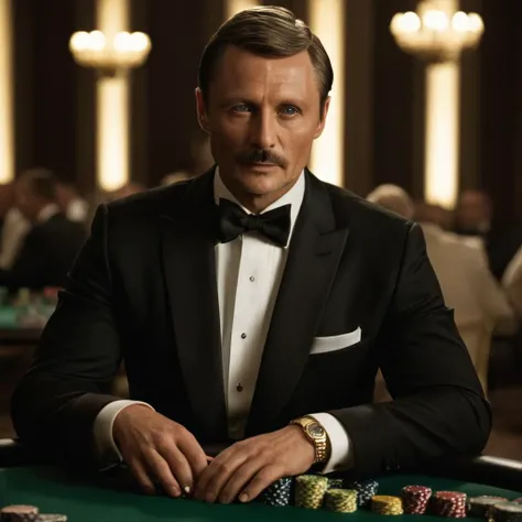 cinematic film still of <lora:James Bond 007 style:0.9> detailed sharp image of
Le Chiffre Mads Mikkelsen a man in a tuxedo sitting at a table with poker chips,looking at viewer,shirt,black hair,long sleeves,bow,male focus,multiple boys,indoors,2boys,bowtie,black shirt,black bow,facial hair,formal,suit,watch,black bowtie,realistic,mustache,bald,old man , dramatic light, dramatic shadow light, contrast, cinematic color, cinematic look, filmic, realistic, realism, perfection, perfect, Kodak, Kodak film, still, spy film, action themed, espionage, James Bond style, James Bond film style, 007 style, 007 film style, shallow depth of field, vignette, highly detailed, high budget, bokeh, cinemascope, moody, epic, gorgeous, film grain, grainy