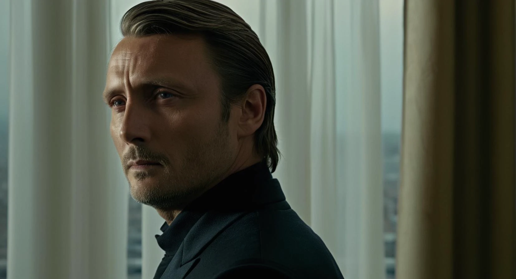 cinematic film still of <lora:James Bond 007 style:0.9> detailed sharp image of
Le Chiffre Mads Mikkelsen a man looking out of a window with a curtain,solo,looking at viewer,1boy,closed mouth,male focus,facial hair,portrait,realistic,stubble , dramatic light, dramatic shadow light, contrast, cinematic color, cinematic look, filmic, realistic, realism, perfection, perfect, Kodak, Kodak film, movie still, spy film, action themed, espionage, James Bond style, James Bond film style, 007 style, 007 film style, shallow depth of field, vignette, highly detailed, high budget, bokeh, cinemascope, moody, epic, gorgeous, film grain, grainy