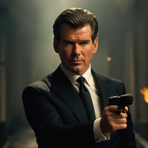 cinematic film still of  <lora:James Bond 007 style:0.9> detailed sharp image of
Pierce Brosnan jamesbond3 a man in a suit holding a gun,solo,black hair,1boy,weapon,male focus,gun,facial hair,formal,suit,fire,handgun,watch,realistic,stubble,wristwatch , dramatic light, dramatic shadow light, contrast, cinematic color, cinematic look, filmic, realistic, realism, perfection, perfect, Kodak, Kodak film, movie still, spy film, action themed, espionage, James Bond style, James Bond film style, 007 style, 007 film style, shallow depth of field, vignette, highly detailed, high budget, bokeh, cinemascope, moody, epic, gorgeous, film grain, grainy