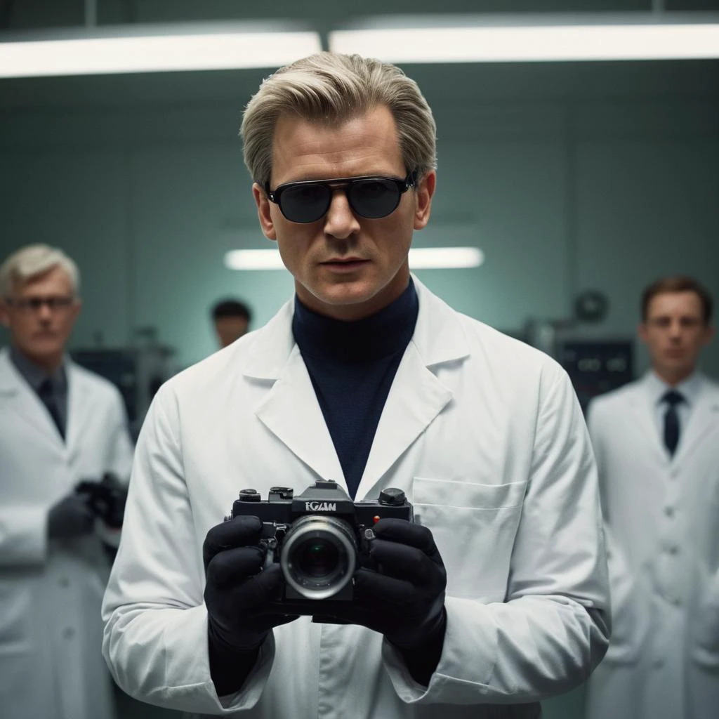 cinematic film still of <lora:James Bond 007 style:0.9> detailed sharp image of
a man in a lab coat holding a camera with muzzle flash coming of it,Gadgets,short hair,long sleeves,1boy,white hair,male focus,multiple boys,glasses,indoors,sunglasses,watch,realistic,white coat,wristwatch , dramatic light, dramatic shadow light, contrast, cinematic color, cinematic look, filmic, realistic, realism, perfection, perfect, Kodak, Kodak film, movie still, spy film, action themed, espionage, James Bond style, James Bond film style, 007 style, 007 film style, shallow depth of field, vignette, highly detailed, high budget, bokeh, cinemascope, moody, epic, gorgeous, film grain, grainy