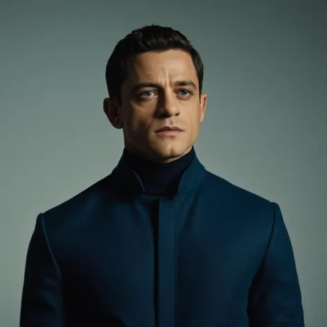 cinematic film still of  <lora:James Bond 007 style:0.9> detailed sharp image of
Lyutsifer Safin Rami Malek a man in a blue coat is standing,solo,looking at viewer,simple background,black hair,long sleeves,1boy,white background,closed mouth,male focus,from side,coat,facial hair,crossed arms,stubble , dramatic light, dramatic shadow light, contrast, cinematic color, cinematic look, filmic, realistic, realism, perfection, perfect, Kodak, Kodak film, movie still, spy film, action themed, espionage, James Bond style, James Bond film style, 007 style, 007 film style, shallow depth of field, vignette, highly detailed, high budget, bokeh, cinemascope, moody, epic, gorgeous, film grain, grainy