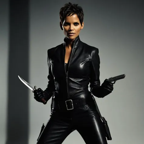 cinematic film still of  <lora:James Bond 007 style:0.9> detailed sharp image of
Jinx Halle Berry a woman in a leather outfit holding a knife,solo,black hair,gloves,1boy,holding,male focus,black gloves,belt,realistic,leather,leather jacket , dramatic light, dramatic shadow light, contrast, cinematic color, cinematic look, filmic, realistic, realism, perfection, perfect, Kodak, Kodak film, movie still, spy film, action themed, espionage, James Bond style, James Bond film style, 007 style, 007 film style, shallow depth of field, vignette, highly detailed, high budget, bokeh, cinemascope, moody, epic, gorgeous, film grain, grainy