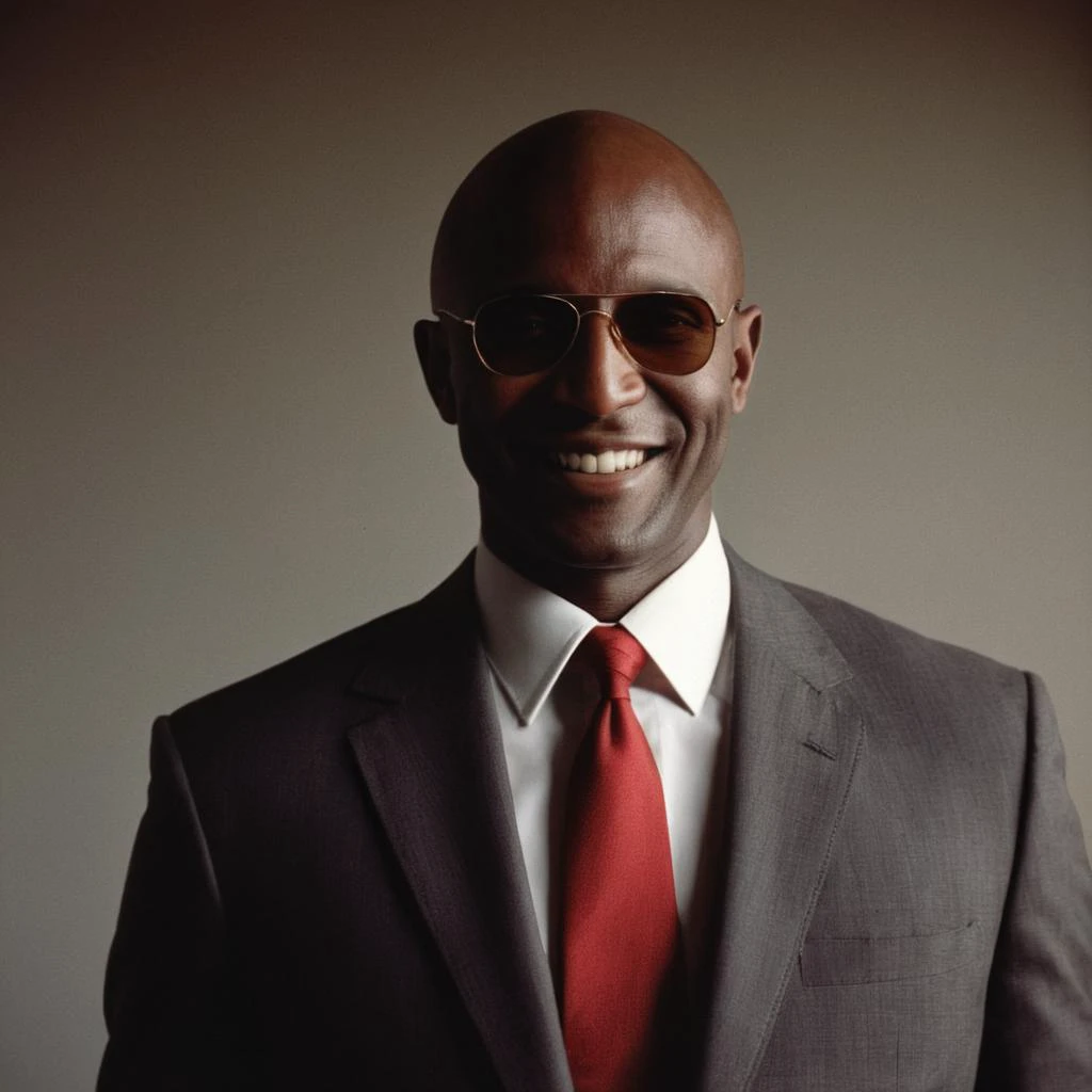 analog film photo of <lora:James Bond 007 style:0.9> detailed sharp image of
a bald Sudanese man in a suit and tie smiling,solo,smile,shirt,1boy,jacket,white shirt,male focus,necktie,teeth,collared shirt,dark skin,grin,formal,sunglasses,dark-skinned male,suit,letterboxed,red necktie,portrait,bald , dramatic light, dramatic shadow light, contrast, cinematic color, cinematic look, filmic, realistic, realism, perfection, perfect, Kodak, Kodak film, movie still, spy film, action themed, espionage, James Bond style, James Bond film style, 007 style, 007 film style, faded film, desaturated, 35mm photo, grainy, vignette, vintage, Kodachrome, Lomography, stained, highly detailed, found footage