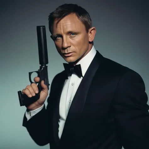 analog film photo of  <lora:James Bond 007 style:0.9> detailed sharp image of
Daniel Craig jamesbond1 a man in a tuxedo holding a silencer pistol,solo,looking at viewer,blue eyes,black hair,1boy,bow,holding,weapon,male focus,bowtie,holding weapon,blurry,gun,depth of field,facial hair,formal,suit,holding gun,handgun,watch,realistic,wristwatch , dramatic light, dramatic shadow light, contrast, cinematic color, cinematic look, filmic, realistic, realism, perfection, perfect, Kodak, Kodak film, movie still, spy film, action themed, espionage, James Bond style, James Bond film style, 007 style, 007 film style, faded film, desaturated, 35mm photo, grainy, vignette, vintage, Kodachrome, Lomography, stained, highly detailed, found footage