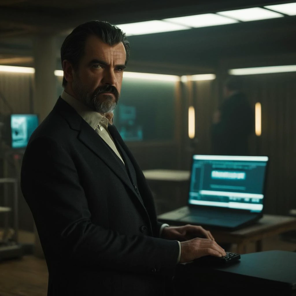 cinematic film still of <lora:James Bond 007 style:0.9> detailed sharp image of
Hugo Drax Michael Lonsdale a man standing in a room with a laptop,solo,black hair,1boy,male focus,multiple boys,indoors,facial hair,chair,beard,science fiction,hands on hips,mug,mustache,monitor , dramatic light, dramatic shadow light, contrast, cinematic color, cinematic look, filmic, realistic, realism, perfection, perfect, Kodak, Kodak film, movie still, spy film, action themed, espionage, James Bond style, James Bond film style, 007 style, 007 film style, shallow depth of field, vignette, highly detailed, high budget, bokeh, cinemascope, moody, epic, gorgeous, film grain, grainy