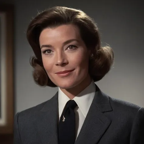 cinematic film still of  <lora:James Bond 007 style:0.9> detailed sharp image of
Miss Moneypenny Lois Maxwell a woman in a suit and tie smiling,solo,looking at viewer,smile,1boy,monochrome,greyscale,male focus,teeth,indoors,grin,parody,realistic,horror (theme) , dramatic light, dramatic shadow light, contrast, cinematic color, cinematic look, filmic, realistic, realism, perfection, perfect, Kodak, Kodak film, movie still, spy film, action themed, espionage, James Bond style, James Bond film style, 007 style, 007 film style, shallow depth of field, vignette, highly detailed, high budget, bokeh, cinemascope, moody, epic, gorgeous, film grain, grainy