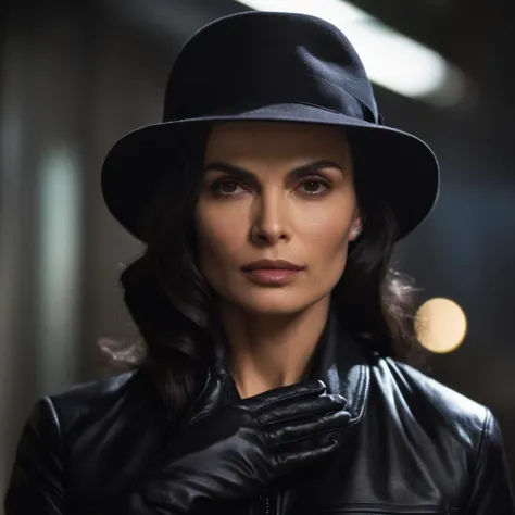 cinematic film still of  <lora:James Bond 007 style:0.9> detailed sharp image of
Xenia Onatopp Famke Janssen a woman in a leather jacket and hat,solo,looking at viewer,black hair,gloves,1boy,hat,male focus,black gloves,blurry,uniform,mole under mouth,realistic,police , dramatic light, dramatic shadow light, contrast, cinematic color, cinematic look, filmic, realistic, realism, perfection, perfect, Kodak, Kodak film, movie still, spy film, action themed, espionage, James Bond style, James Bond film style, 007 style, 007 film style, shallow depth of field, vignette, highly detailed, high budget, bokeh, cinemascope, moody, epic, gorgeous, film grain, grainy