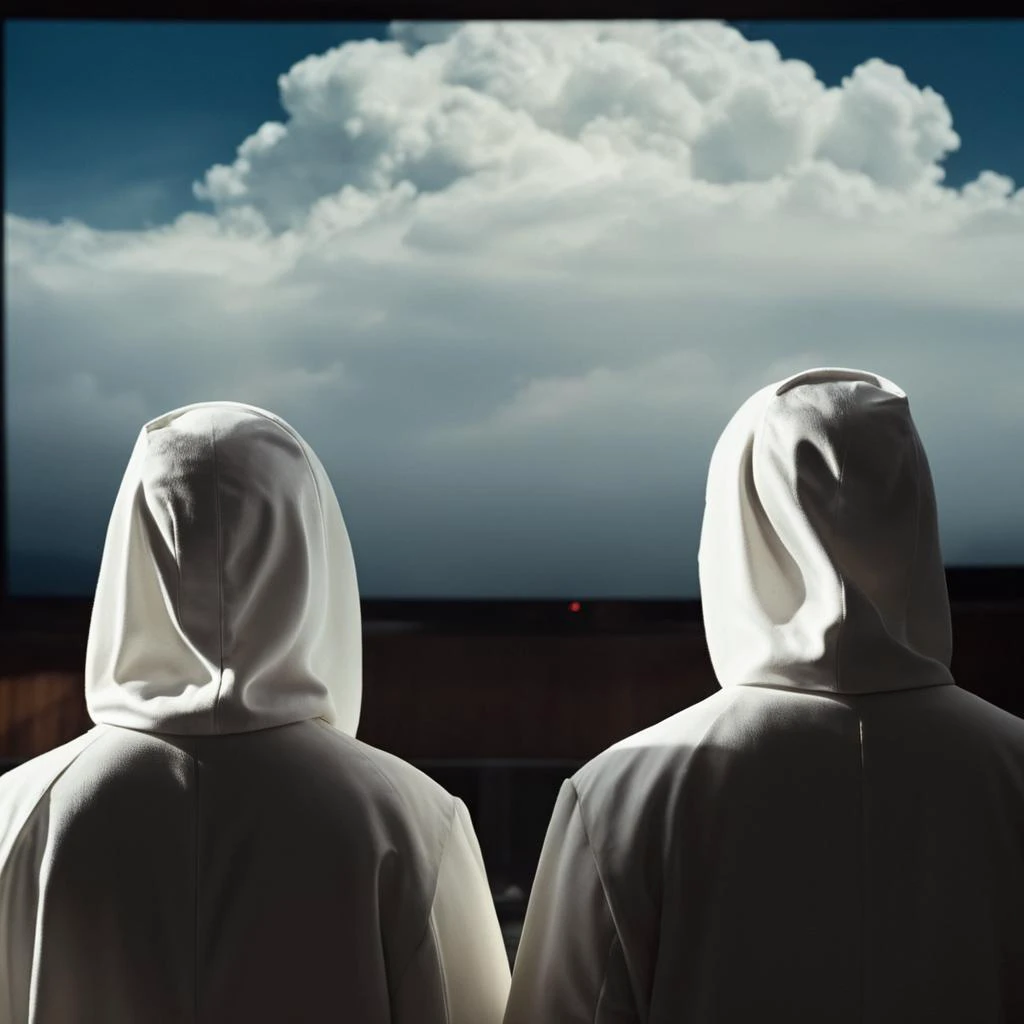 cinematic film still of  <lora:James Bond 007 style:0.9> detailed sharp image of
two people in white robes looking at a screen,cloud,indoors,hood,from behind,hood up,television,monitor , dramatic light, dramatic shadow light, contrast, cinematic color, cinematic look, filmic, realistic, realism, perfection, perfect, Kodak, Kodak film, movie still, spy film, action themed, espionage, James Bond style, James Bond film style, 007 style, 007 film style, shallow depth of field, vignette, highly detailed, high budget, bokeh, cinemascope, moody, epic, gorgeous, film grain, grainy