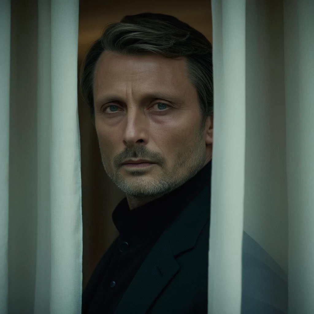 cinematic film still of <lora:James Bond 007 style:0.9> detailed sharp image of
Le Chiffre Mads Mikkelsen a man looking out of a window with a curtain,solo,looking at viewer,1boy,closed mouth,male focus,facial hair,portrait,realistic,stubble , dramatic light, dramatic shadow light, contrast, cinematic color, cinematic look, filmic, realistic, realism, perfection, perfect, Kodak, Kodak film, movie still, spy film, action themed, espionage, James Bond style, James Bond film style, 007 style, 007 film style, shallow depth of field, vignette, highly detailed, high budget, bokeh, cinemascope, moody, epic, gorgeous, film grain, grainy