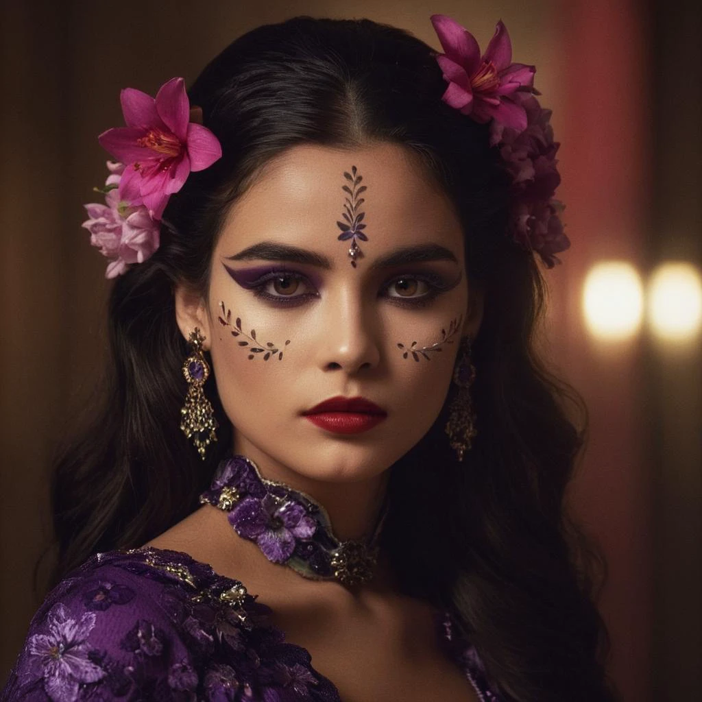 cinematic film still of <lora:James Bond 007 style:0.9> detailed sharp image of
a woman with a face painted with flowers,1girl,solo,long hair,looking at viewer,black hair,hair ornament,dress,brown eyes,jewelry,upper body,flower,earrings,parted lips,choker,hair flower,lips,makeup,mask,lipstick,purple dress,realistic,red lips , dramatic light, dramatic shadow light, contrast, cinematic color, cinematic look, filmic, realistic, realism, perfection, perfect, Kodak, Kodak film, movie still, spy film, action themed, espionage, James Bond style, James Bond film style, 007 style, 007 film style, shallow depth of field, vignette, highly detailed, high budget, bokeh, cinemascope, moody, epic, gorgeous, film grain, grainy