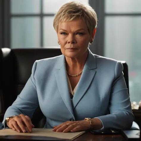 cinematic film still of  <lora:James Bond 007 style:0.9> detailed sharp image of
M Judi Dench MI6 old a woman in a suit sitting at a desk with a laptop,1girl,solo,short hair,blue eyes,blonde hair,shirt,jewelry,sitting,jacket,earrings,indoors,necklace,chair,formal,ring,suit,watch,realistic,wristwatch,lamp,old,office,wrinkled skin , dramatic light, dramatic shadow light, contrast, cinematic color, cinematic look, filmic, realistic, realism, perfection, perfect, Kodak, Kodak film, movie still, spy film, action themed, espionage, James Bond style, James Bond film style, 007 style, 007 film style, shallow depth of field, vignette, highly detailed, high budget, bokeh, cinemascope, moody, epic, gorgeous, film grain, grainy